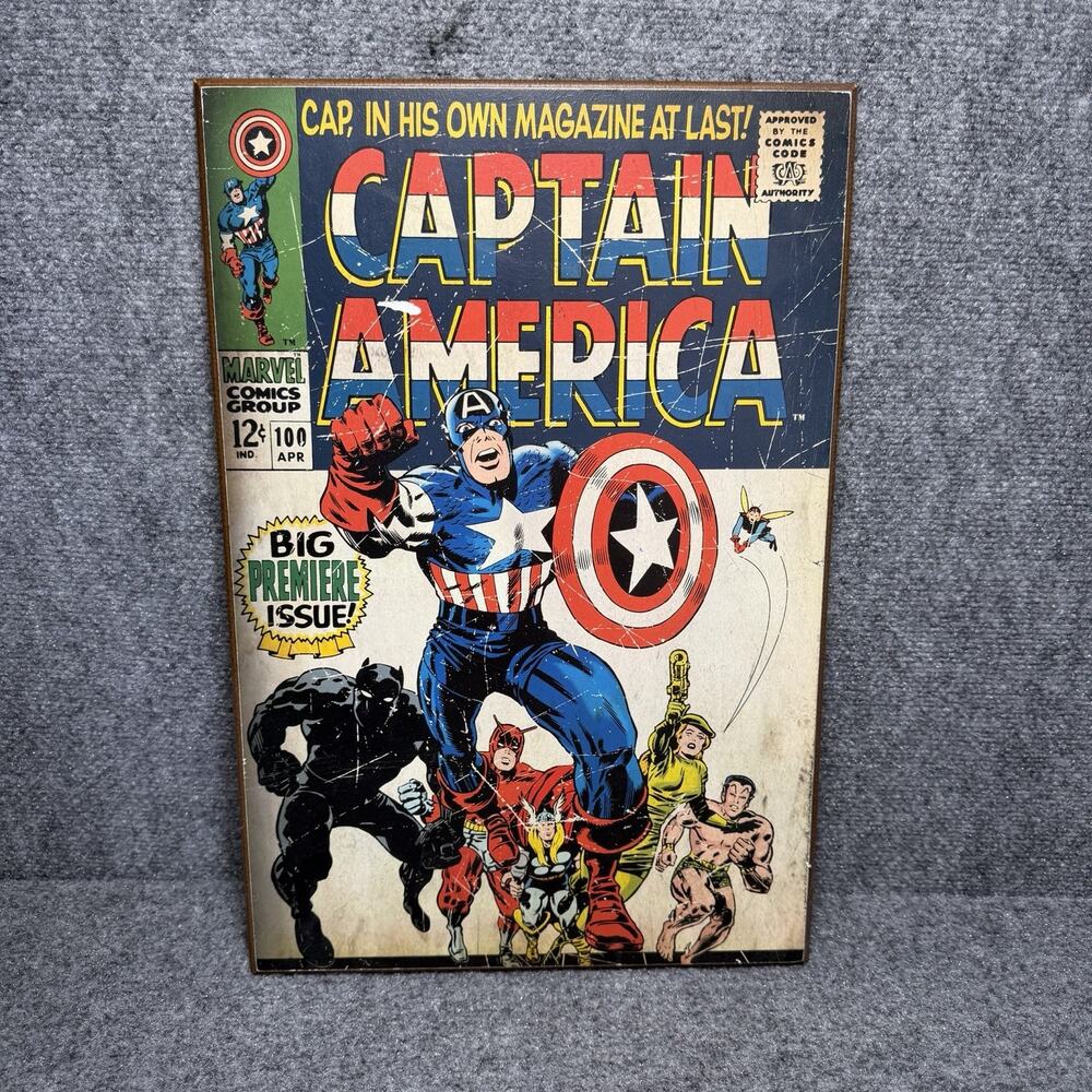 MARVEL Comics CAPTAIN AMERICA Premiere Issue Retro Vtg Wood Wall Art, 19” X 13”